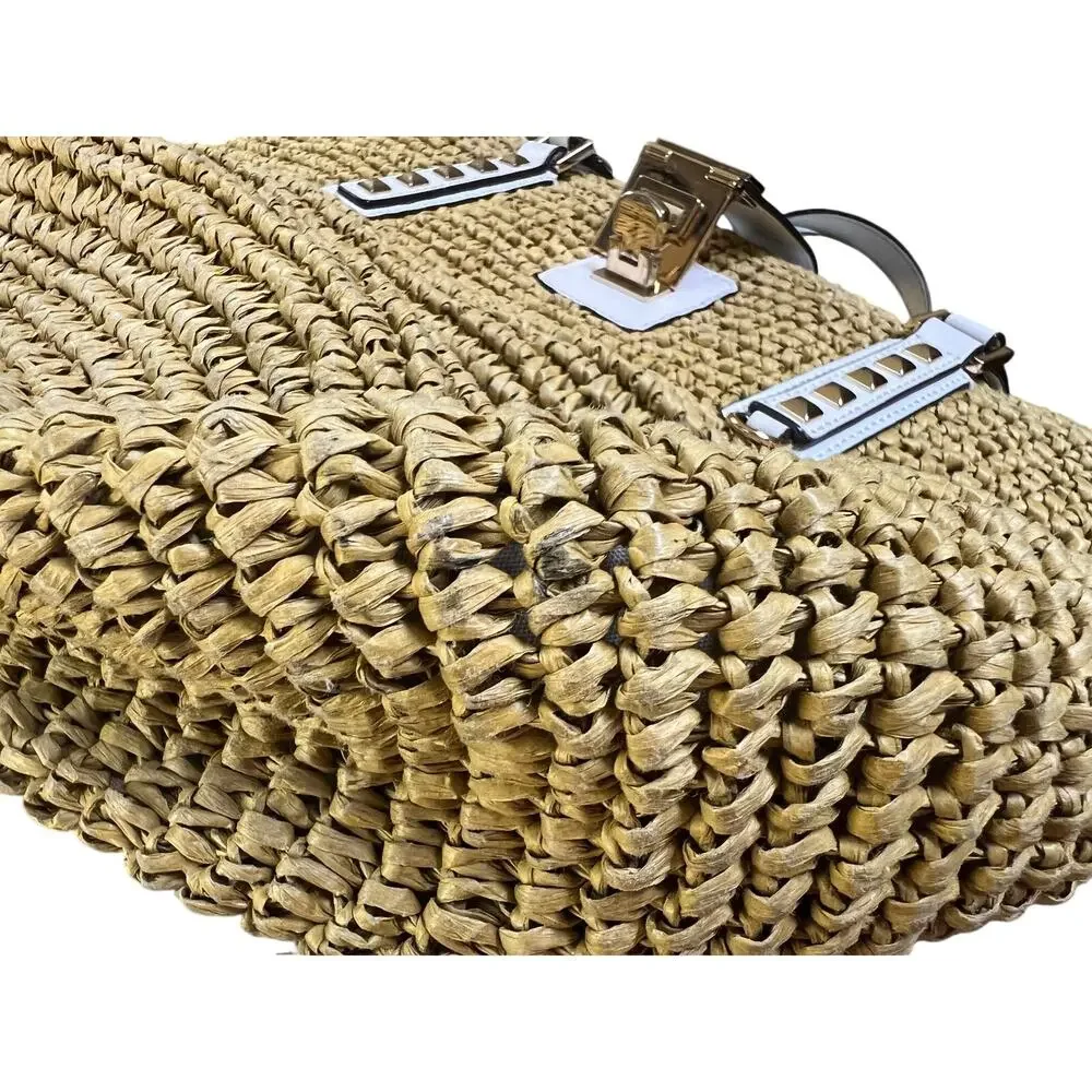 Michael Kors Beachy Casual Raffia White Leather Shoulder Bag Tote Handbag